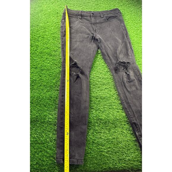 Fashion Nova Men Black Distressed Skinny Jeans Sz 36 Ripped Knee Zip Ankle - Picture 5 of 9